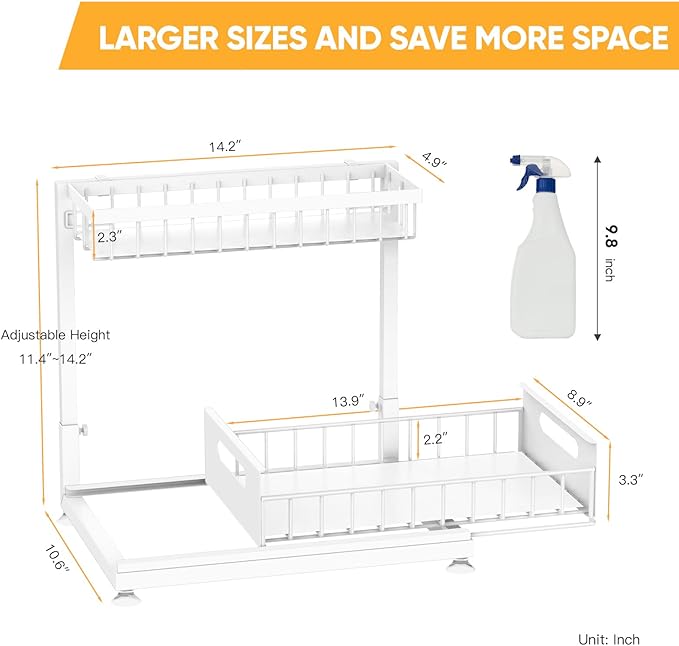 Saydear Under Sink Organizer Storage 2-Tier Premium Metal Pull-Out Kitchen Cabinet Organizer with Sliding Drawer, Height Adjustable, Heavy Duty for Kitchen & Bathroom Organizers 1 Pack White