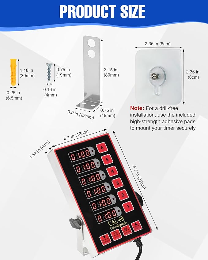 Commercial Kitchen Timer, 6 Channel Timer Restaurant Kitchen Supplies, Heavy-Duty Timer - Stainless Steel | Digital LED Technology | Reminder Function | Loud Alarm