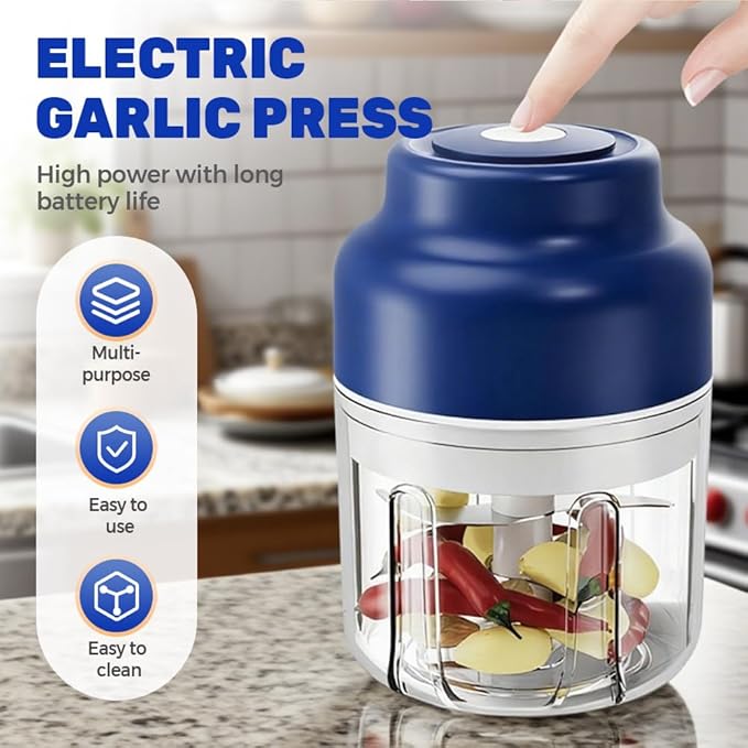 Electric Garlic Chopper, 2026 Upgraded Food Processor, USB Rechargeable Portable Wireless Veggie Chopper with 6 Stainless Steel Blades for Garlic Onion Chili Nuts Meat (blue, 250ml)