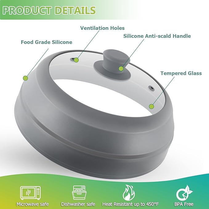 Microwave Splatter Cover for Food,10.5 Inch Collapsible Silicone and Glass Cover Splatter Guard Lid, Microwave Cover with Steam Vent,Food Grade,Dishwasher Safe