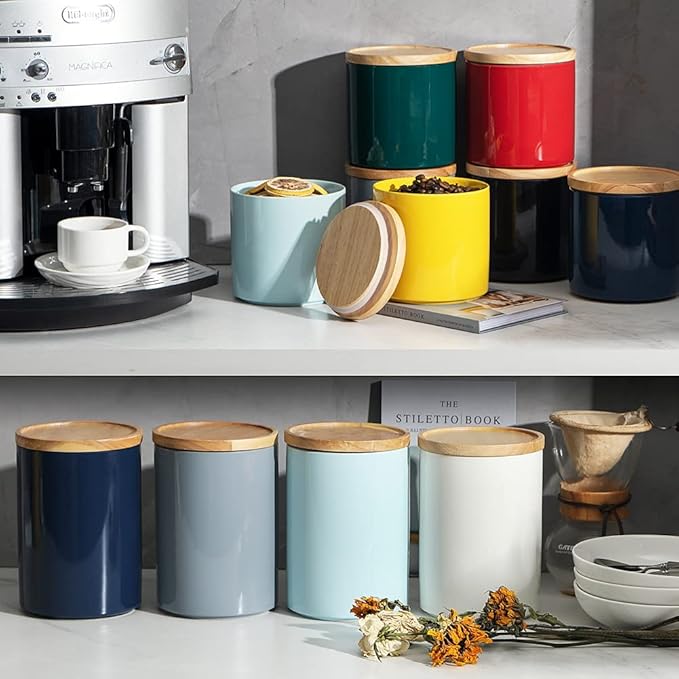 Sweejar Kitchen Canisters Ceramic Food Storage Jar, Stackable Containers with Airtight Seal Wooden Lid for Serving Coffee Bean, Flour, Tea, Cookies and More - 58 Fl Oz(Gray)