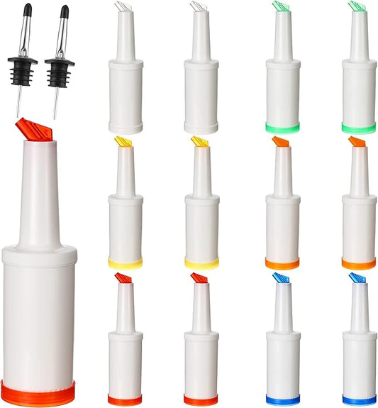 Chengu Fruit Juice Pour Bottles 34 oz Plastic Liquor Bar Supplies with Stainless Steel Bottle Pourer Tapered Spout for Cocktail Bartending Liquor Juice Store(Multi Colors,12 Pack)