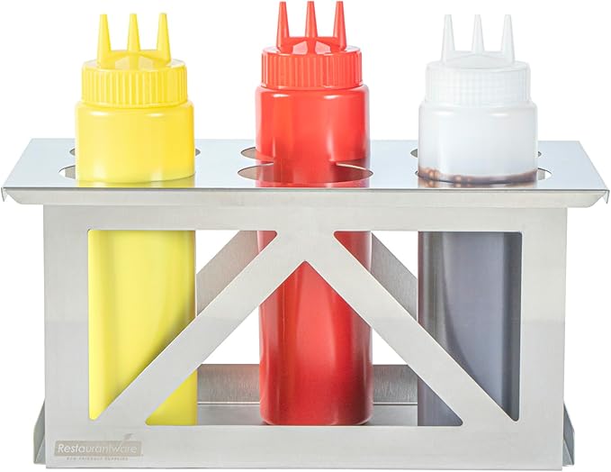 Restaurantware Squeeze Bottle Holder Pack of 1 Stainless Steel 6 Hole Bottle Holder, 2.93" Diameter Fits 1/3 Size Opening, Dishwasher Friendly Integrated Lip Design Holder for Condiment Bottles