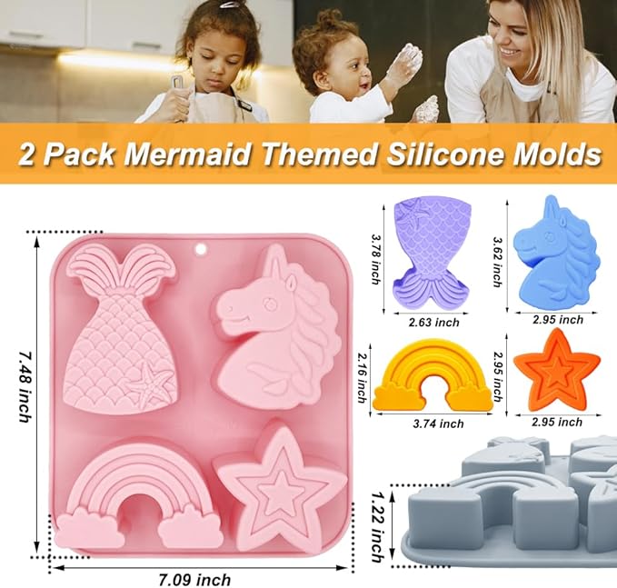 2 Pack Unicorn Molds Silicone 4 Cavity 3D Big Cartoon Themed Baking Mould Tray with Mermaid Rainbow Star for Baby Shower Birthday Party Chocolate Cake Mousse Pastry Soap Crayons Cupcake Topper