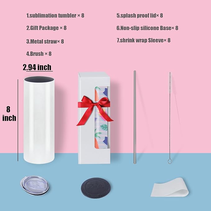 8 Pack 20oz Sublimation Tumblers Bulk, Sublimation Tumbler Blank, Skinny Straight Stainless Steel Blanks Cups with Individual Box (8, 20OZ)
