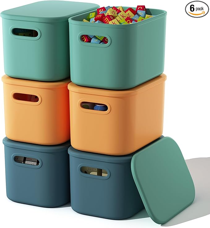 ORGIDOL 6 Pack Colorful Storage Bins with Lids Stackable Storage Container for Organizing, Storage Boxes with Handle for Shelves, Cute Storage Bin for Craft, Snacks, 9.85x6.9x5.7 inch