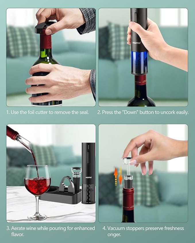 Electric Wine Opener Gift Set – Rechargeable Automatic Corkscrew with Aerator, Vacuum Seal Stoppers, Foil Cutter & Storage Base – 6-in-1 Wine Bottle Opener Kit for Wine Lovers, Women & Men