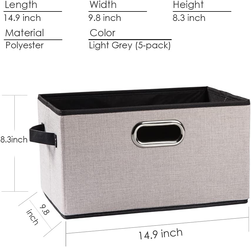 PRANDOM Large Fodable Storage Bins for Closet [5-Pack] Decorative Linen Fabric Storage Bins Cubes with Leather/Metal Handles for Shelves Bedroom Living Room Light Grey (14.9x9.8x8.3 Inch)