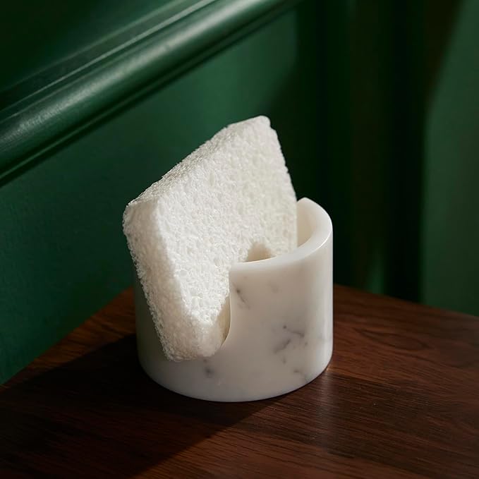 Natural Carrara White Marble Sponge Holder for Kitchen Sink Counter，Kitchen Stone Drying Rack for Countertop