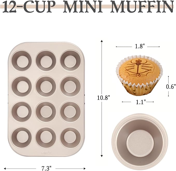 2-Pack Mini Muffin Pan — 12-Cup Non-Stick Golden Carbon Steel Mini Cupcake Baking Tray for Even Baking & Easy Release