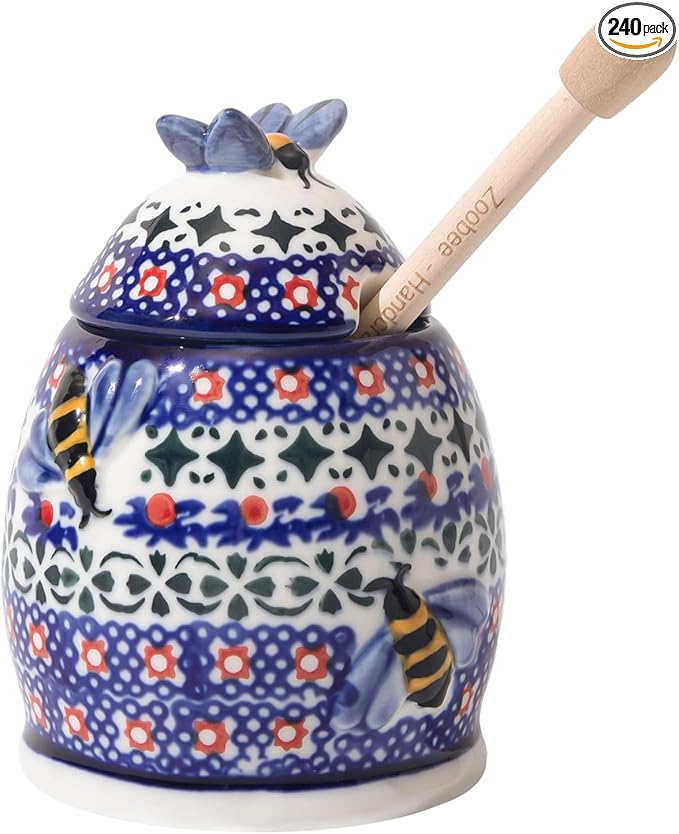 ZOOBEE Small Ceramic Honey Jar with Dipper and Lid, Handpainted 10oz Honey Pot, Microwave-safe Honey Container for Kitchen, Picnic, Travel -Starry Petals