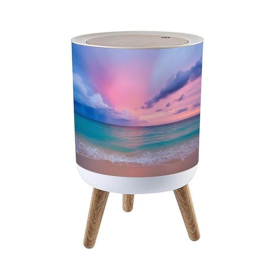 Trash Can with Lid Pink Sunset Press Top Round Small Garbage Bin with Wooden Legs Waste Basket for Kitchen Bedroom Nursery 7L/1.8 Gallon