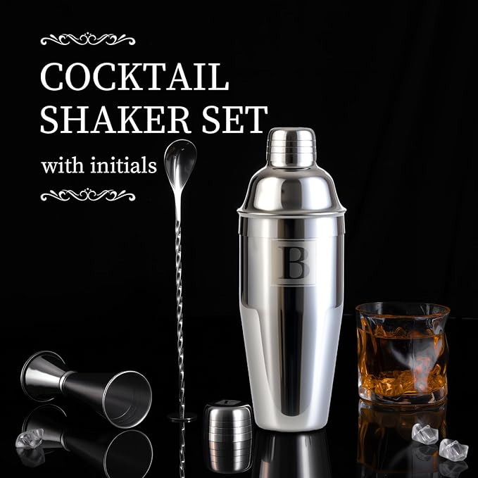 24oz Cocktail Shaker Set with 1 oz 2oz Jigger - Monogramm Initials Martini Shaker Set - 304 Stainless Steel Bar Shaker for Margarita,Mojito-Personalized Gift for Friend,Husband -L