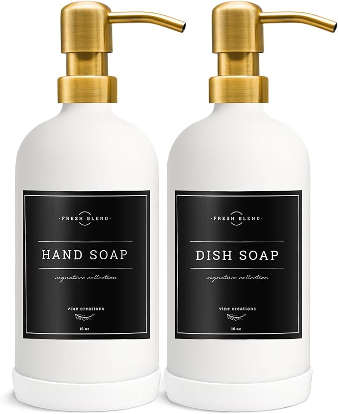 Vine Creations Glass Soap Dispenser, 2 Pack Kitchen Soap Dispenser Set with Stainless Steel Pump, 16 oz Dish Soap and Hand Soap Dispensers for Bathroom with Waterproof Labels (White)