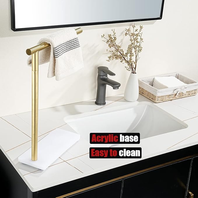 JQK Hand Towel Holder Stand Brushed Gold, Modern Tree Rack Free Standing for Countertop with 12 Inch Bar, 304 Stainless Steel Thicken 0.8mm White Base, HTT170-WG