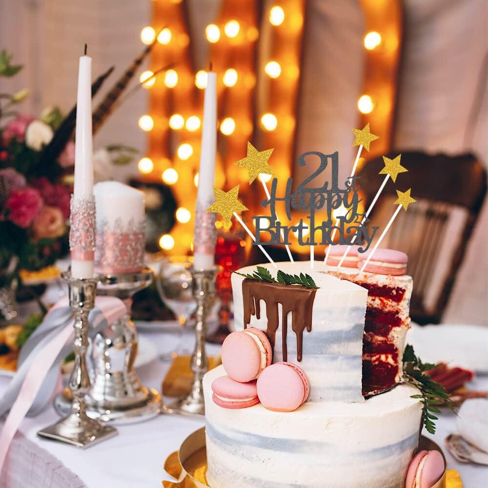Glittery 21st Happy Birthday Cake Topper with Star,Personalised 21 Birthday Cake Toppers Party Decorations Party Supplies for Boys Girls Black Gold