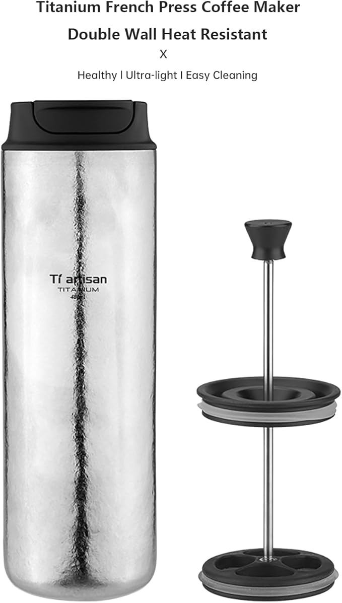 Titanium Water Bottle French Press Pot Milk Frother Coffee Cups 16.23fl oz | Double Layer Thermal Insulation | Leakproof & Packable for Travel & Sports | (Ice Flowers)