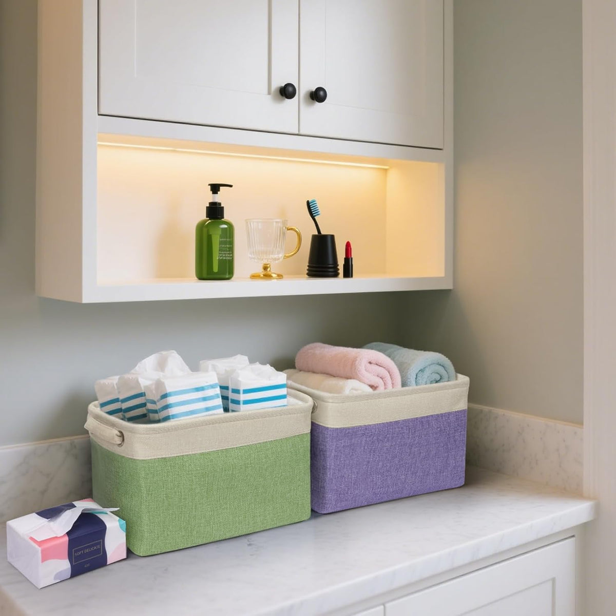 BALEINE 3 Pack Fabric Storage Bins for Shelves, Linen Storage Baskets for Organizing, Decorative Closet Bins for Clothes, Home (Lavender, 12"x8"x8")