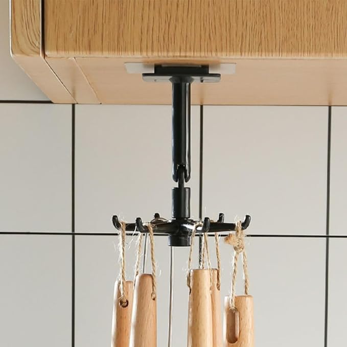 PRETYZOOM 4pcs 360-degree Rotatable Kitchen Utensil Hooks Under Cabinet Hanging Holder Set, No Drilling Wall Mount Hook for Kitchen Organization, Black and White
