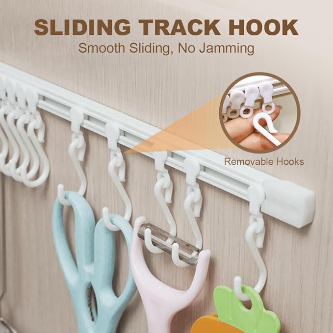 Multifunctional Slide Rail Hook,Kitchen Utensil Hanging Rack Wall Mounted Hanger,Space Saving Utensil Holder with 10 Hooks ,Sliding Track Hook No Drilling Hanger for Home Office (Length 30+40cm)