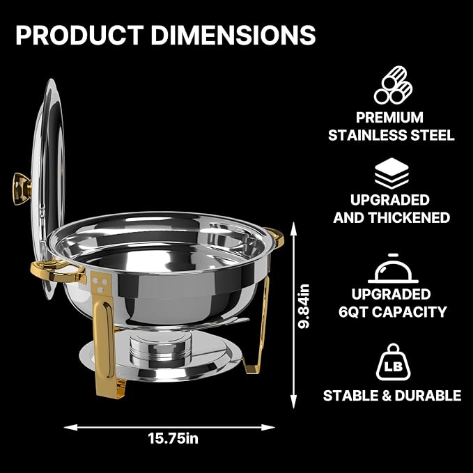 Chafing Dishes for Buffet 4 Pack, 6QT Round Chafing Dish Buffet Set Stainless Steel Buffet Food Warmers Sets for Catering Events Parties Dinners with Complete Set,Gold and Silver