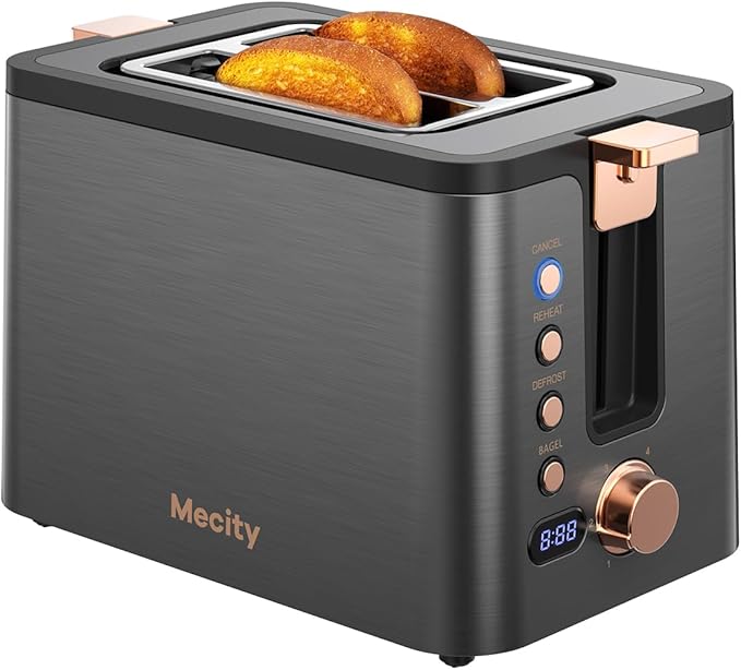 Mecity Toaster 2 Slice Stainless Steel Body Timer, Bagel/Defrost/Reheat/Cancel Functions,Warming Rack, Removable Tray, 6 Browning Settings, Extra Wide Slots, Bread Toaster, 120V 800W Grey