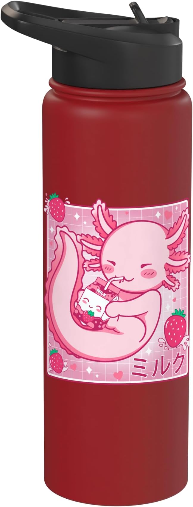 Kawaii Axolotl Strawberry Milk Shake Carton Japanese Anime Stainless Steel Insulated Water Bottle
