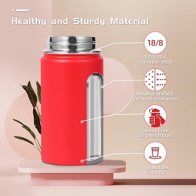 Volhoply 14oz KIds Water Bottle with Straw Lid and Silicone Boot Bulk 6 Pack,Stainless Steel Insulated Cups for Boys & Girls Multipack,Double Wall Vacuum Leakproof Bottles(Red,6)
