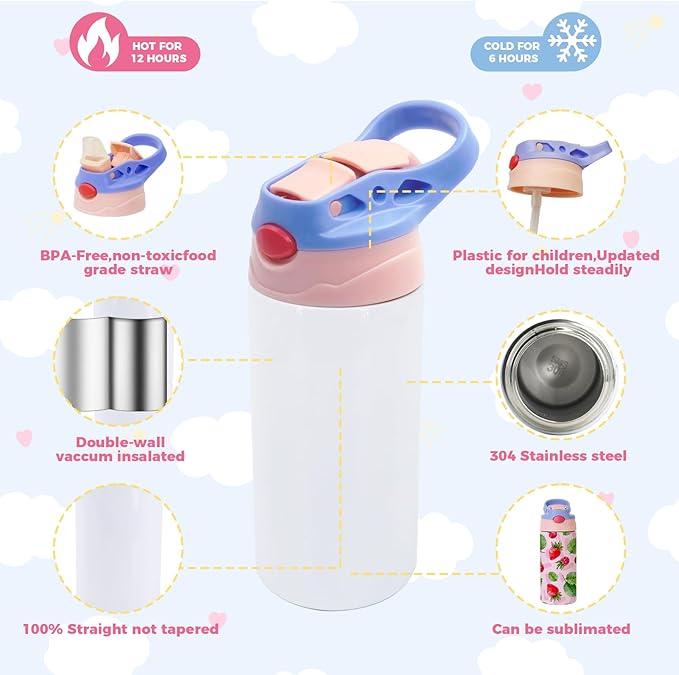 6 Pack 12 OZ Sublimation Straw Sippy Cup Blank Tumblers Double Wall Vacuum Insulated Mixed Color Thermoses Stainless Steel Water Bottles for School
