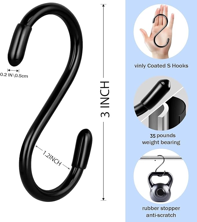 Vinyl Coated S Hook, Hanging Plants,Non Slip,Small Rubber Coated Steel Metal Black Closet S Hook for Hanging Jeans Plants Jewelry Pot Pan Cups Towels (12, 3 Inch+Black + Vinyl Coating)
