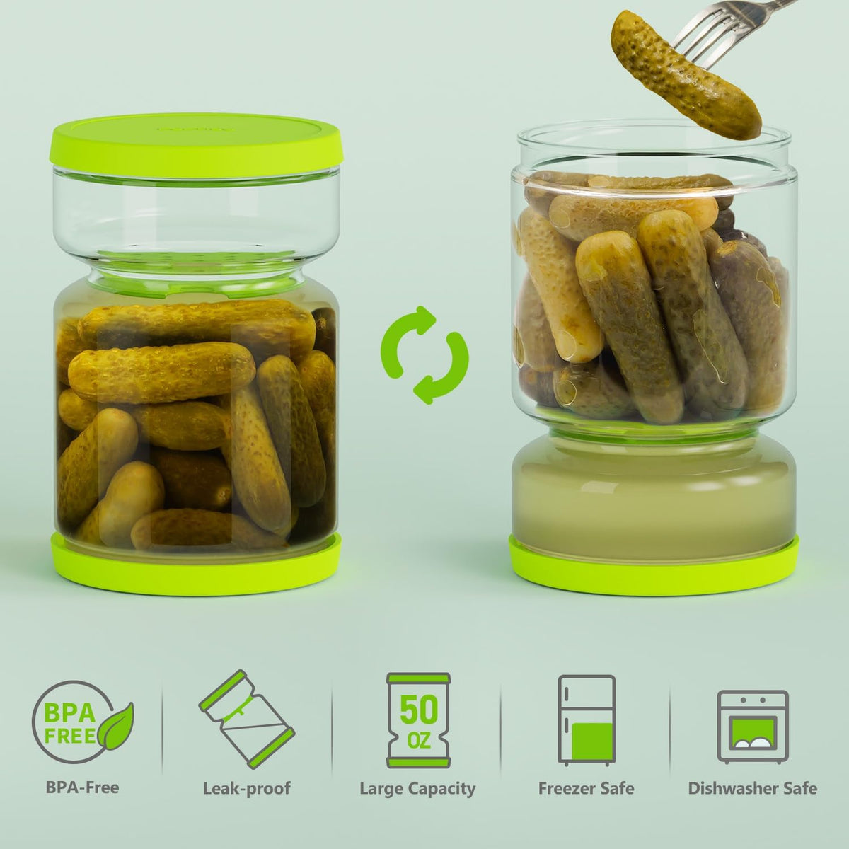 Glass Pickle and Olive Container - 50 OZ Airtight Jar with Strainer for Pickle Lover, Kitchen Organization Must-Have Versatile Food Keeper, BPA Free, Dishwasher Safe (Green Yellow)