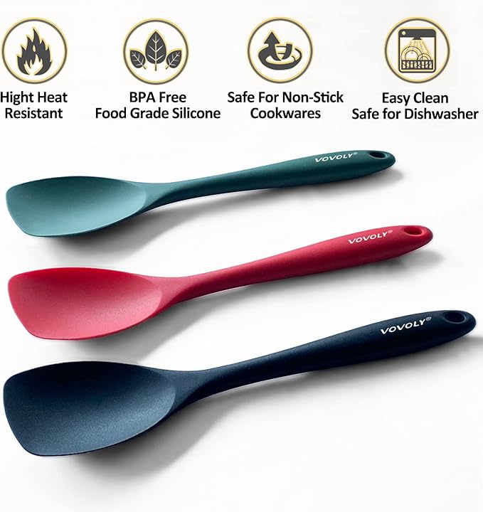 Upgrade Silicone Spatula Spoon Set,VOVOLY Heat Resistant Rubber Spoonula, Seamless Non-Stick Flexible Scrapers for Baking Mixing Tool,3 Pack, Black