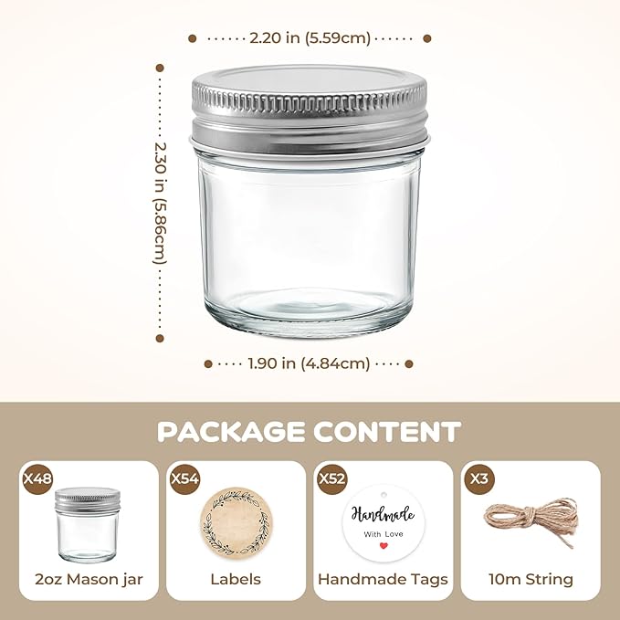 48 Pack 2 oz Small Mason Jars, Mini Glass Jars with Lids for Jam Ginger Shots Honey Spices Wedding Favors, Includes Labels, String & Handmade Tags