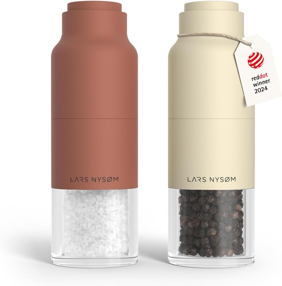 LARS NYSØM Salt and Pepper Grinder Set, Stainless Steel Manual Salt and Pepper Mills, Adjustable Ceramic Grinder, Design Spice Shakers (Red/Beige)