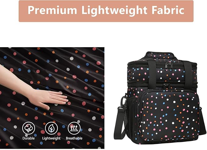 Expandable Insulated Lunch Box, Double Deck Lightweight Large Lunch Bag Tote Leakproof Cooler Bags for Women Adults Work Outdoor Picnic Daytrip, Polka Dots, 16L