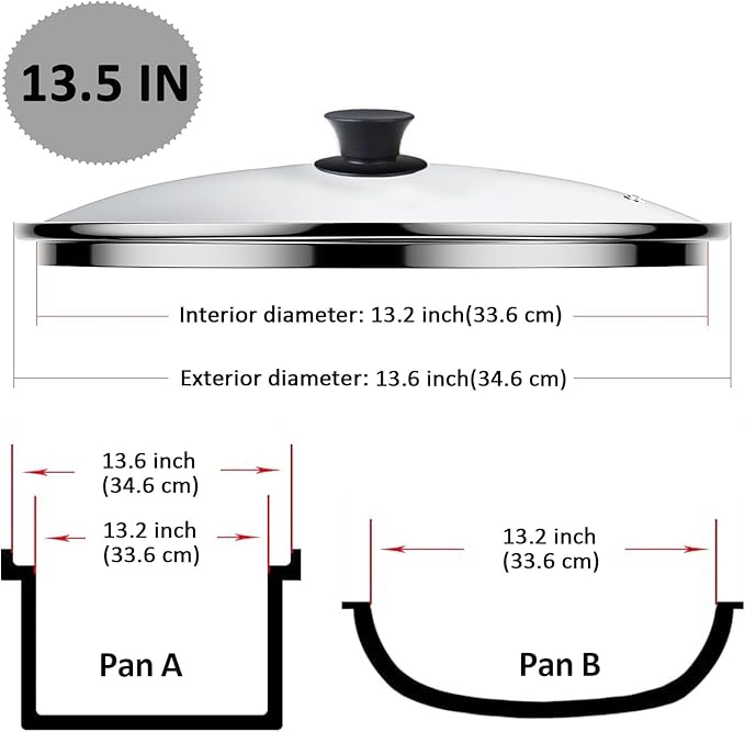 13.5 Inch Glass Lid,Fits Pots With Inner dia 13.2-13.6 Inches, Stainless Steel Lid with Steam Vent, Universal lid for Pots, Pans, Skillets and Woks, Large Covers Replacement of 34cm