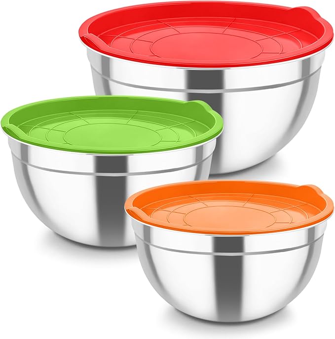 TeamFar Mixing Bowls, Stainless Steel Nesting Salad Bowls with Airtight Lids Set, For Serving/Mixing/Storing, Healthy & Long-lasting, Dishwasher Safe & Easy Clean, 4.6/3 / 1.5 QT, Colorful