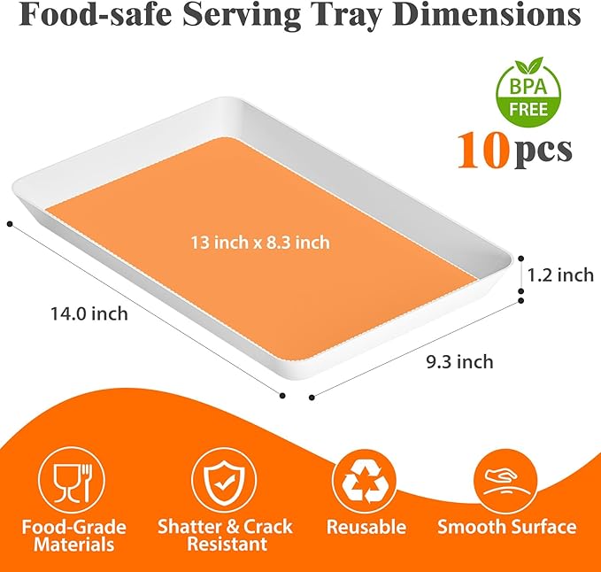 SpaceTrove 10-Pack Serving Tray Set, Reusable Plastic Serving Platter for Party Supplies, Entertaining, Grilling Accessories, Stackable Kitchen Snack Box Container for Dessert, Fruit, Cookie, (White)