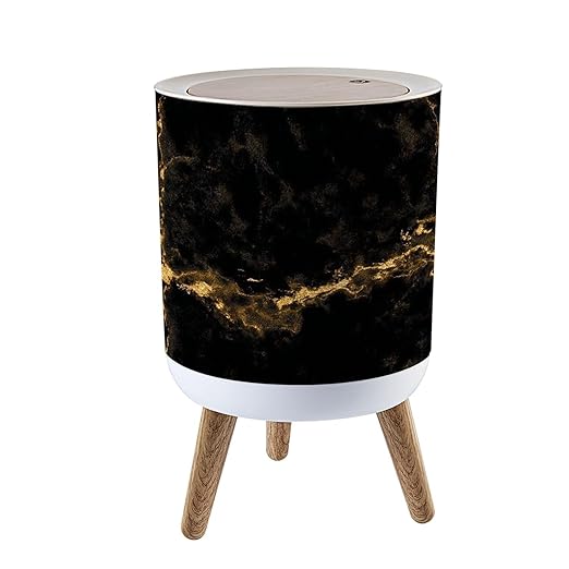 Trash Can with Lid Marble black wall surface gold graphic abstract light elegant black Press Top Round Small Garbage Bin with Wooden Legs Waste Basket for Kitchen Bedroom Nursery 7L/1.8 Gallon