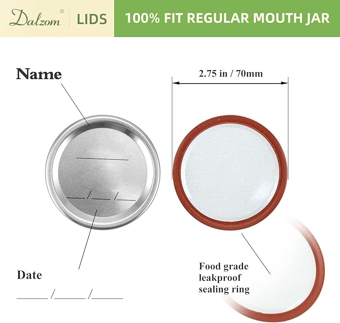 Dalzom® 24Pcs Canning Lids with 24Pcs Rings Regular Mouth, Premium Mason Jar Lids with Bands/Rings for Ball, Kerr Jars - Food Grade Material, 100% Fit & Airtight for Regular Mouth Mason Jars