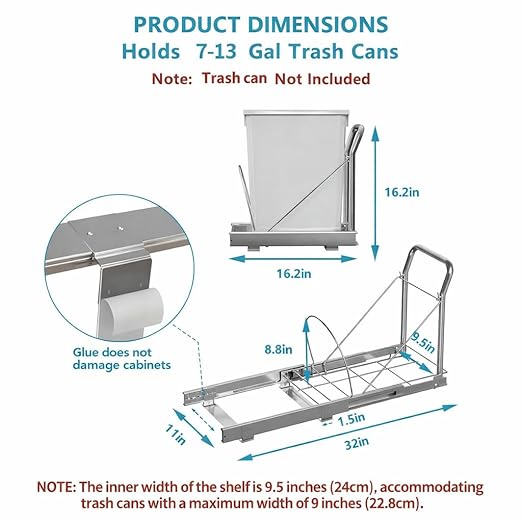 Pull Out Trash Can Under Cabinet with Soft-Close Slides，Heavy Duty Slide Out Under Sink Garbage Can for Kitchen，Adjustable Tail Groove for Can，Requires 13" W X 18" D Cabinets,(Not Included Trash Can)