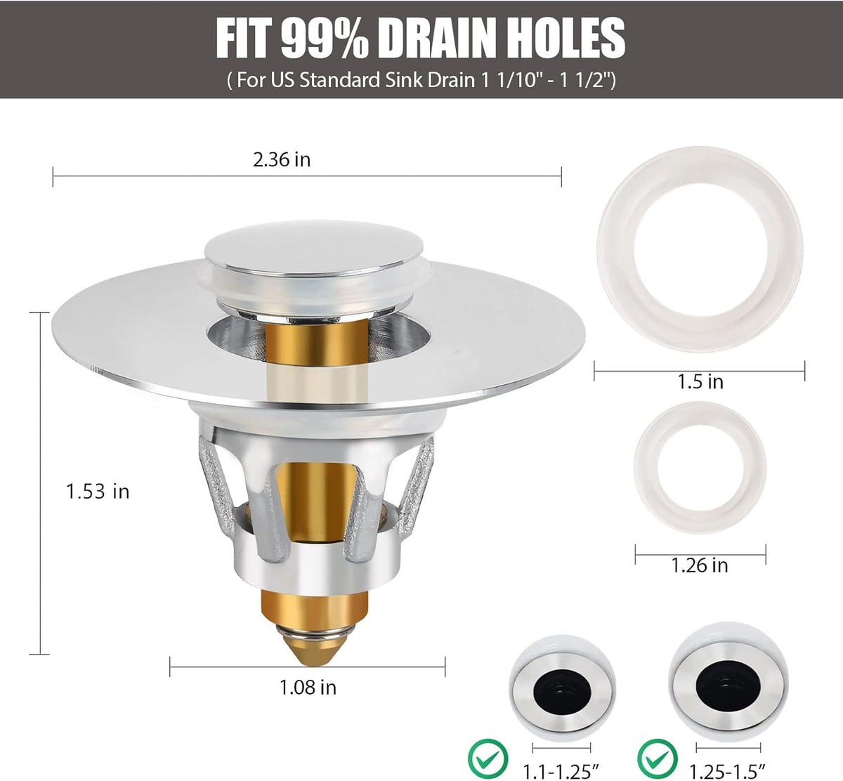 Three colors Bathroom Sink Stopper,Pop Up Drain Stopper with Bullet Core Push Type,Anti-Clogging Strainer Stopper Plug with Filter Basket for 1.1-1.5",(Silver,1PCS)