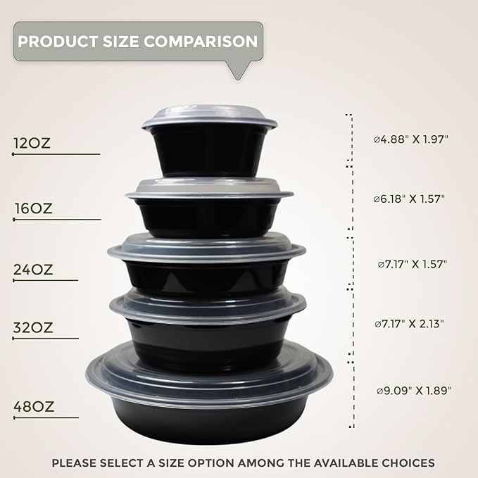 Klex 48 Oz, 50 Sets Meal Prep Containers with Airtight Lids, BPA Free, Reusable Plastic Food Container, 48 oz, Round, Black/Clear, 50 Sets