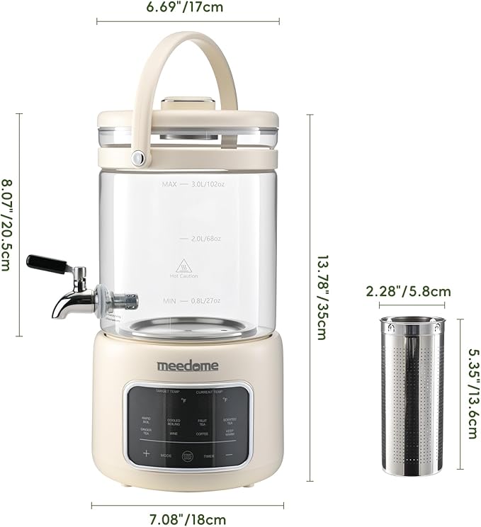 3L Electric Kettle & Beverage Dispenser with Infuser, Spigot - All-in-One Health Pot for Iced Tea/Coffee, Temperature Control, Glass Pitcher - Home & Office Use