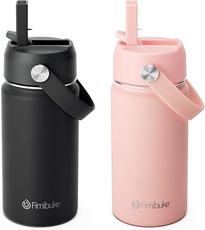 Fimibuke Kids Insulated Water Bottle, 14oz BPA FREE Double Wall Vacuum Tumbler 18/8 Stainless Steel Leak Proof Kids Cups with Straw Metal Water Bottle for School Boys Girls (2 Pack, Midnight Rose)