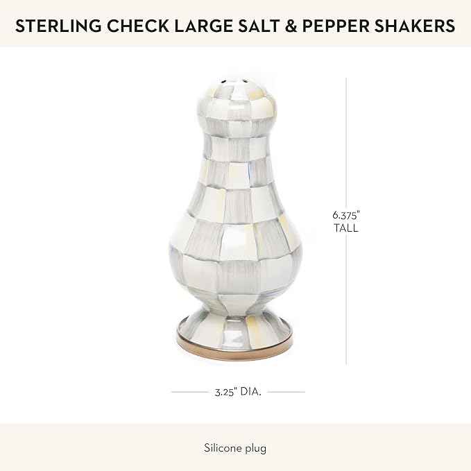 MACKENZIE-CHILDS Enamel Salt and Pepper Shakers, Kitchen Table Spice Shaker Set, Gray-and-White Sterling Check, Large