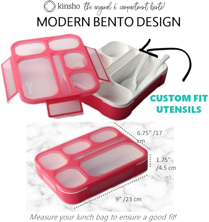 kinsho Bento-Box Lunch-Box Containers for Kids Girls Toddler Women, 6 Compartment Portion Container Kit, Meal Or Snack Boxes for School Daycare Travel, Bpa-Free Pink