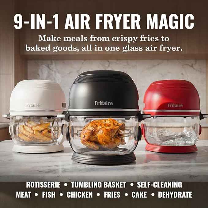 Non Toxic Air Fryer™ Pro | 9-in-1 Glass Air Fryer | Self-Cleaning | 5 Quart | Rotisserie and Tumbler | 400F Vortex For Even Cooking, BPA-Free Teflon Free, Recrisp, Roast, Bake, Cherry