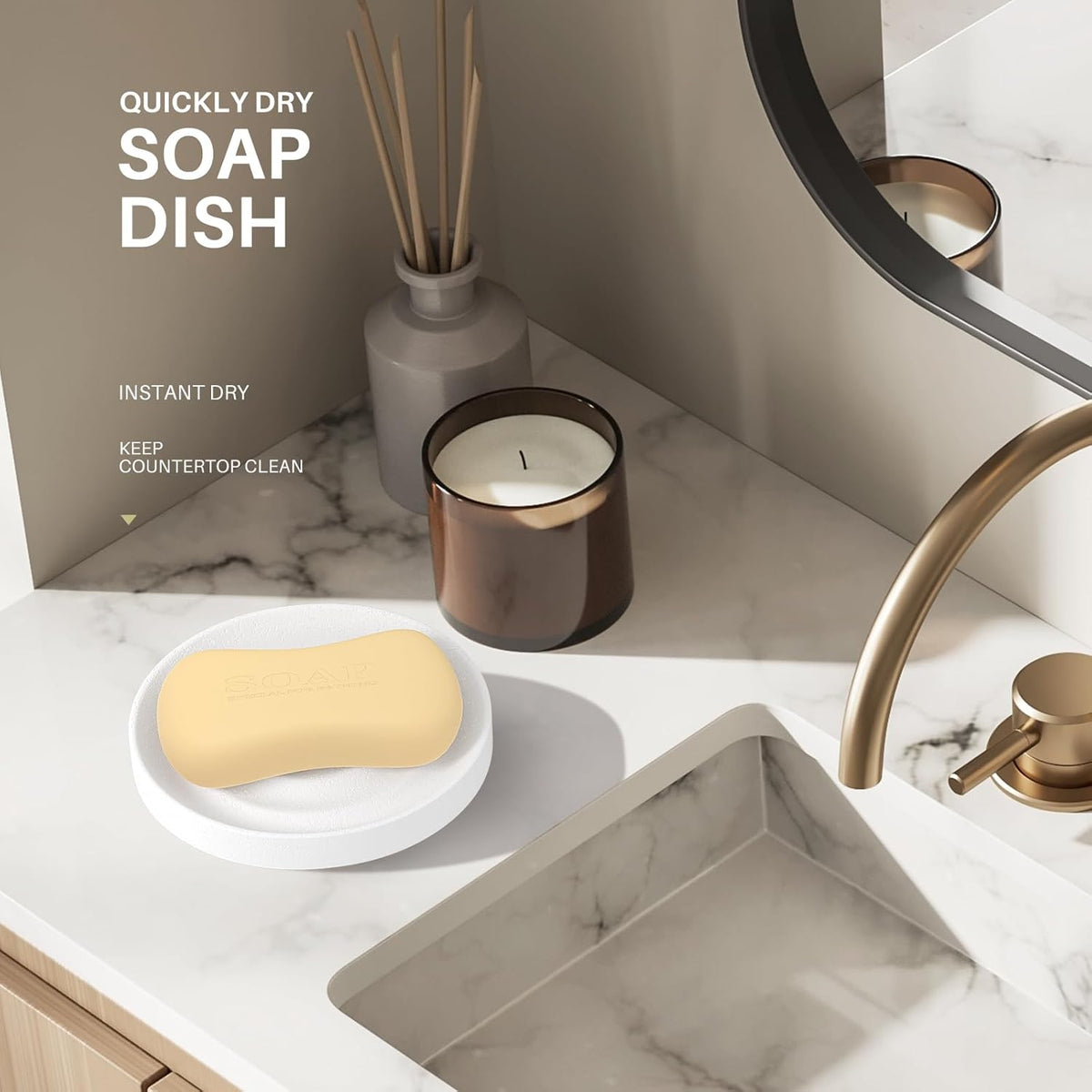 2 Pack Diatomite Soap Dish Holder, Quick Dry Stone Bar Holder, Water Absorbent Bath Dish Holder, Diatomaceous Earth Soap Tray for Hand Soap, Sponge Organizer, White