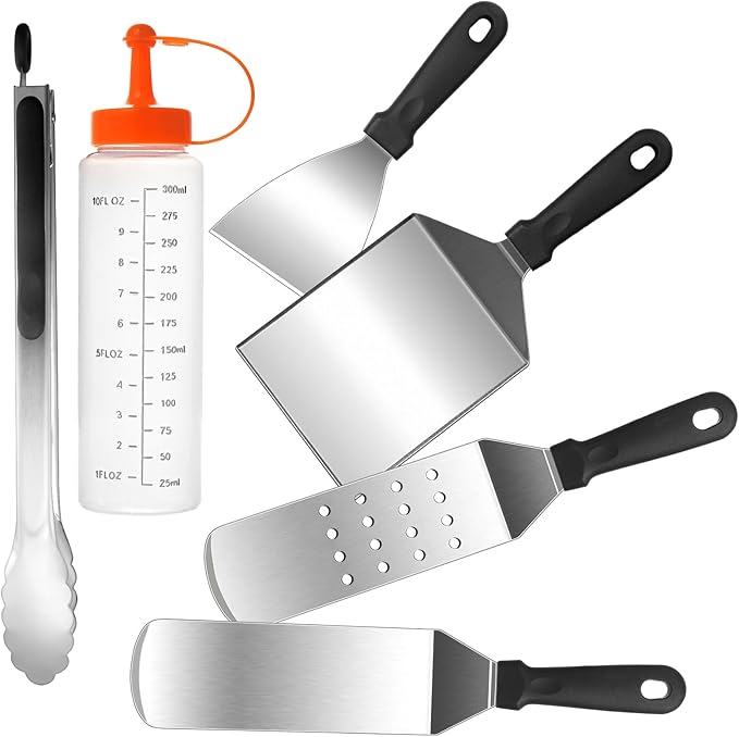 6pcs Griddle Accessories Kit, Heavy Duty Stainless Steel Griddle Tools Spatulas Set for Blackstone - Commercial Grade Flat Top Grill Accessories - Great for Outdoor BBQ